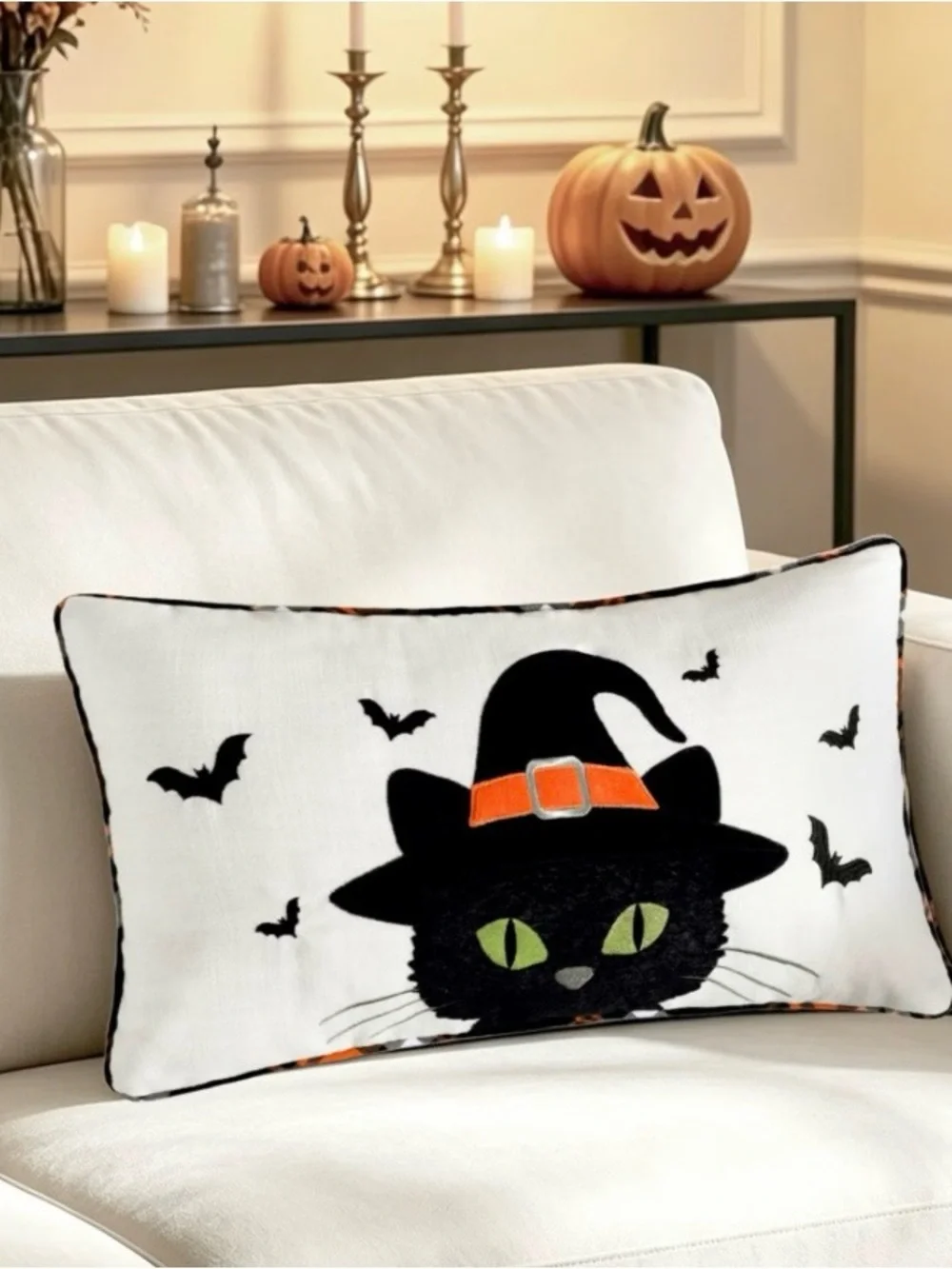🆕-Halloween Black Cat Plaid Plush Pillow. Size: 24”W x 14”H